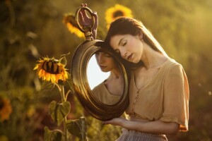 fille, miroir, été, tournesols