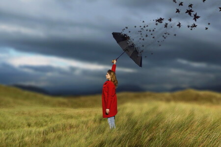 field, girl, umbrella