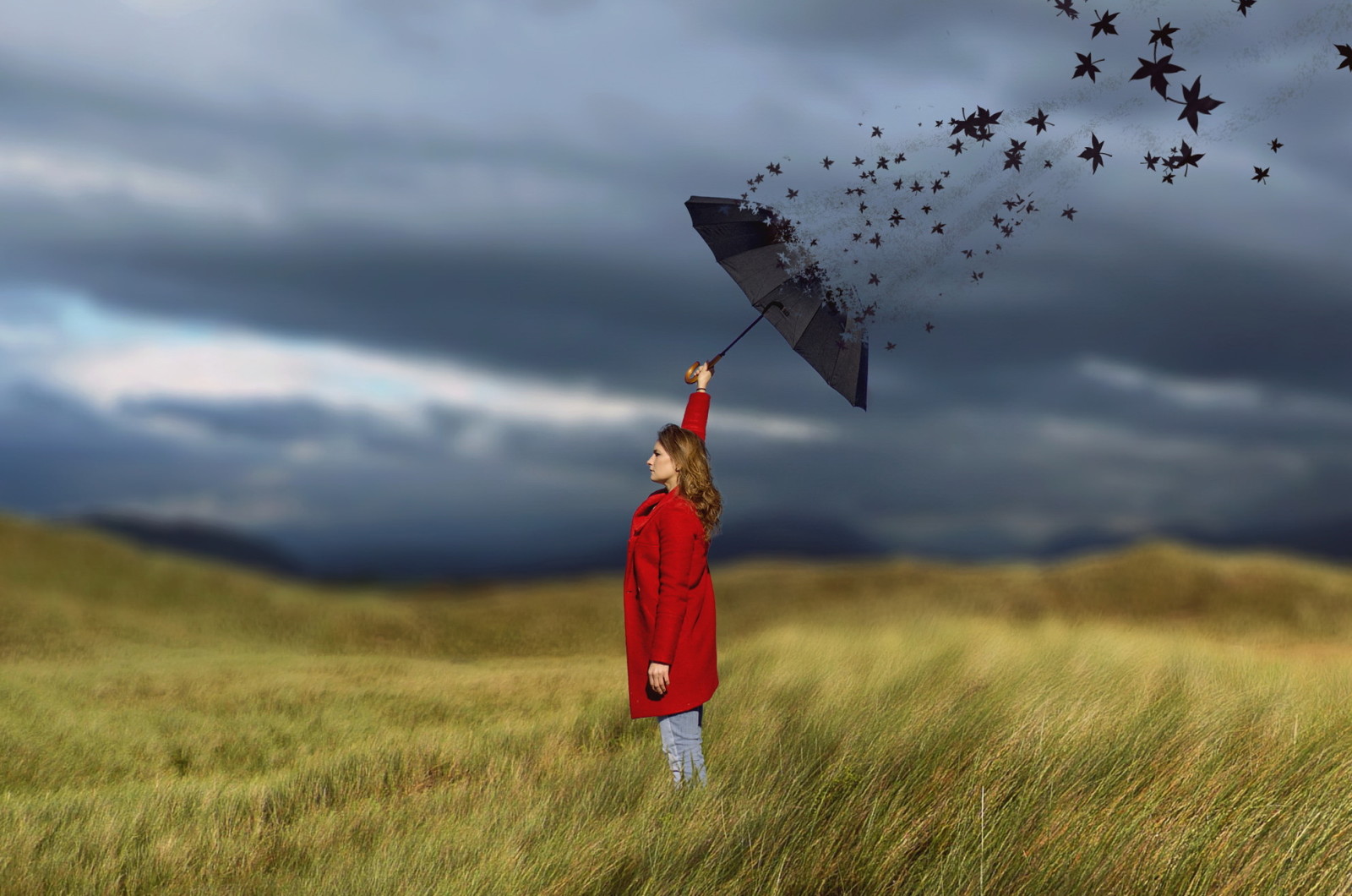 girl, field, umbrella