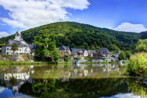 boats, Causenow, Germany, home, Mountain, reflection, river, shore