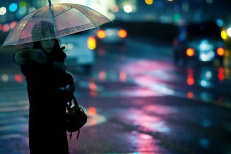 girl, the city, the evening, umbrella