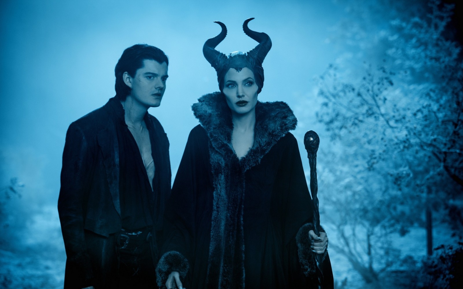 forest, night, staff, Witch, horns, guy, the film, Maleficent