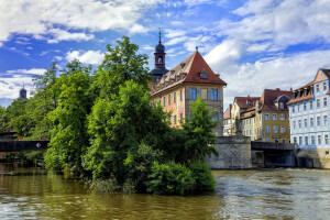 Bamberg, Bridge, channel, Germany, home, river, trees