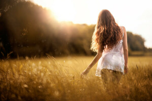 field, girl, summer