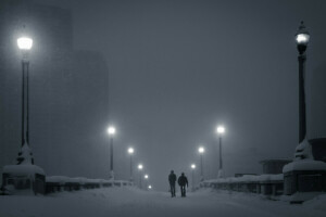 nebbia, casa, luci, notte, persone, neve, inverno