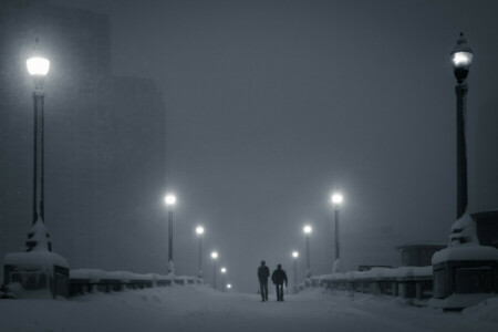 fog, home, lights, night, people, snow, winter