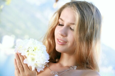 blonde, decoration, Erica B, flowers, girl, model, white