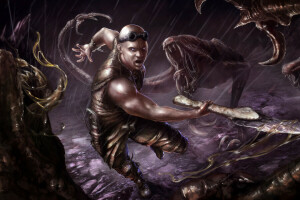 art, creature, eyes, Fiction, glasses, monsters, Riddick, weapons