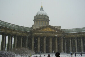 katedral, Kazan, människor, Peter, ryssland, snö, St. Petersburg, staden