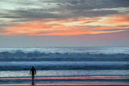 paysage, gens, mer, le coucher du soleil