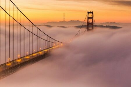 ponte, nuvole, nebbia, tramonto