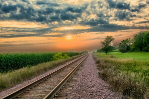 paisaje, ferrocarril, puesta de sol