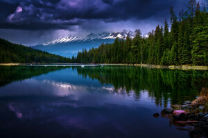 Alberta, Canada, wolken, Woud, Nationaal park Jasper, meer, bergen, bomen