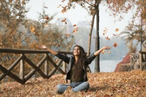 otoño, chica, cara, follaje, pelo, Joanna, modelo