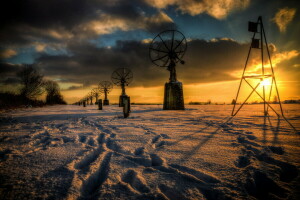 antena, pôr do sol, inverno