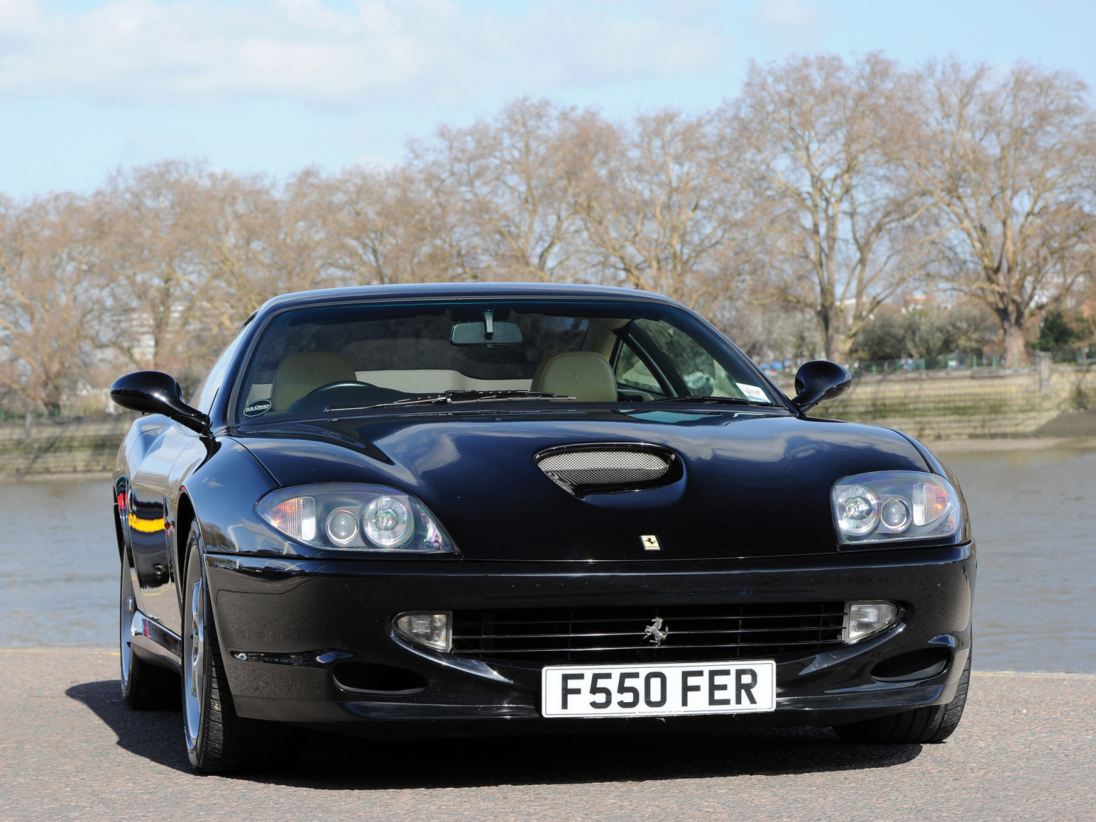 negro, arboles, vista frontal, Ferrari 550