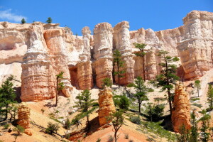 niebieski, Bryce Canyon, kanion, skały, niebo, słońce, USA, Utah