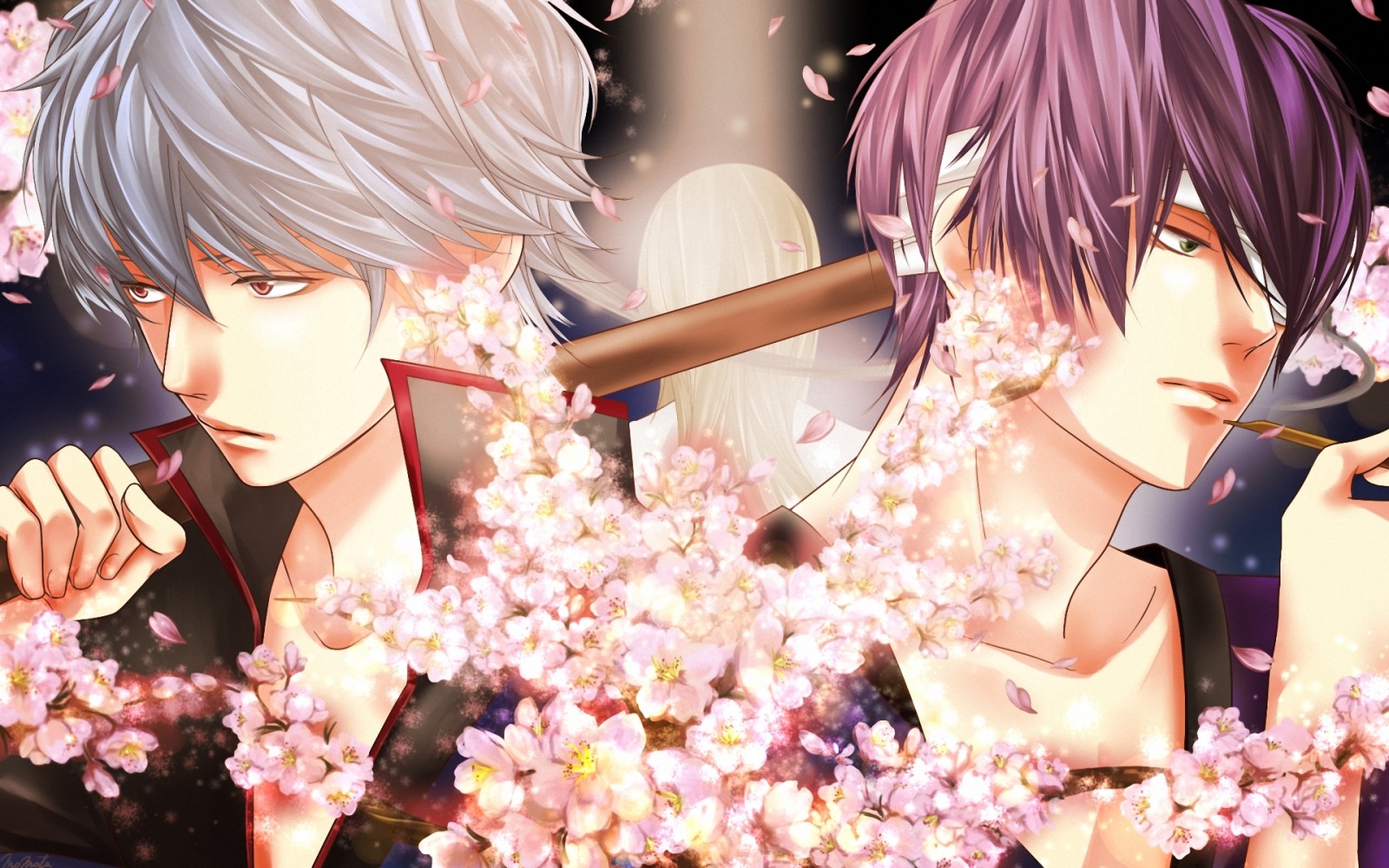 flores, Arte, fumar, chicos, Gintama, Sakata Gintoki, vendajes, Takasugi Shinsuke