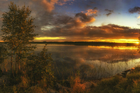 bateau, des nuages, lueur, herbe, Lac, panorama, rive, des pierres