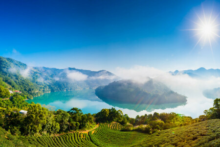 nubes, casa, lago, montañas, plantación, Rayos, el cielo, el sol