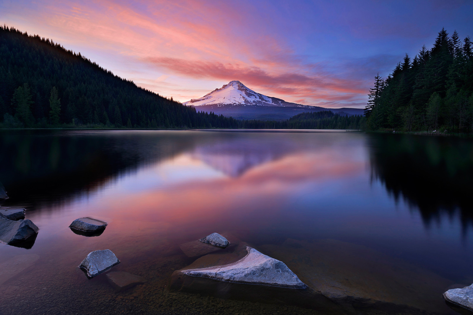 neige, forêt, Le ciel, le soir, Montagne, Lac, lueur