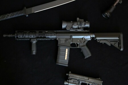 automatic rifle, DMR, flashlight, gun, knife, OA-10, weapons