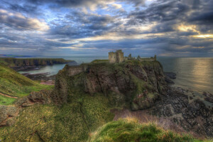 hrad, mraky, pobřeží, Hrad Dunnottar, horizont, Z dunnottaru, panoráma, Skála