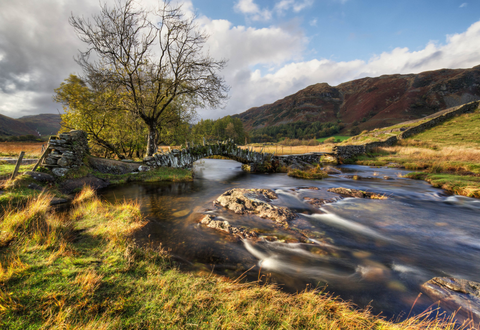 autumn, grass, the sky, river, stones, clouds, Bridge, hills