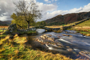 autumn, Bridge, clouds, grass, hills, river, stones, the sky