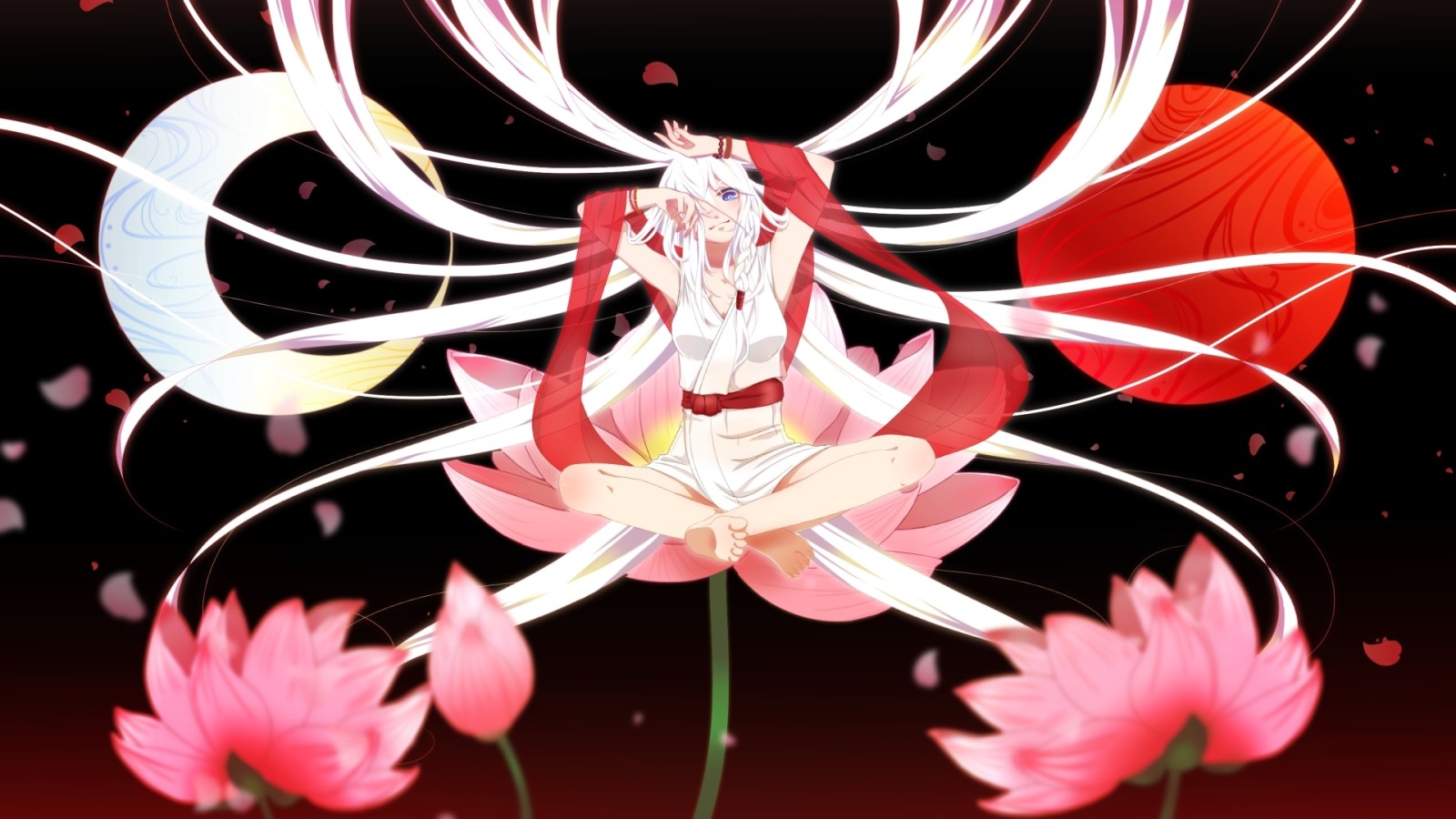 girl, braids, flowers, art, petals, vocaloid, nokko