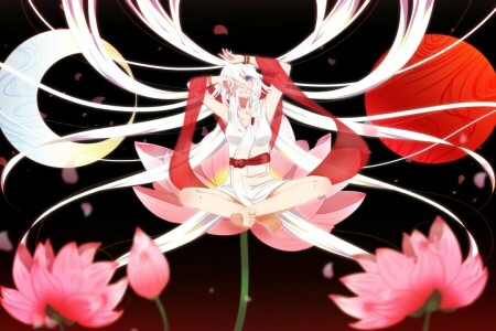 art, tresses, fleurs, fille, nokko, pétales, vocaloid