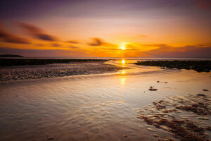 nuvens, mar, pedras, pôr do sol, o céu, o sol, Maré