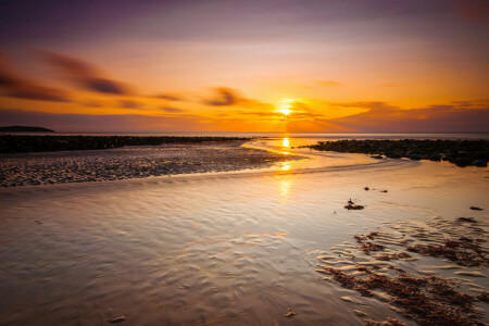 nubes, mar, piedras, puesta de sol, el cielo, el sol, Marea