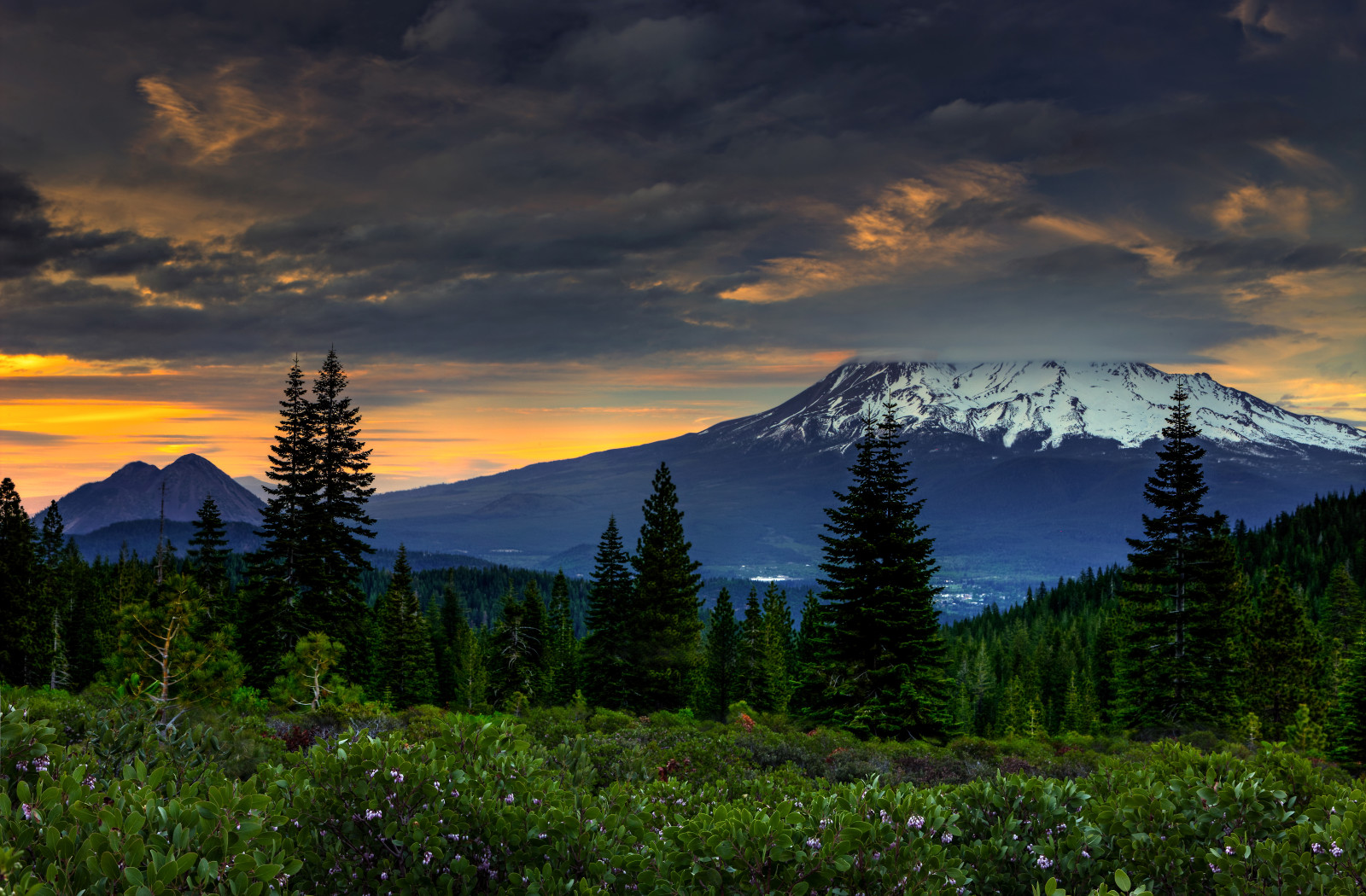 Wald, Sonnenuntergang, Wolken, Berge, USA, CA.