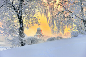 fluffig snö, ryssland, Sankt Petersburg, tempel, januarihimlen, vinter-