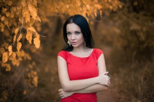 Angelina Petrova, jeseň, krásny, BEAUTY, modrooký, bokeh, bruneta, šaty