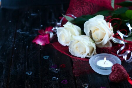 bougie, fleurs, cœur, cœurs, des roses, La Saint-Valentin, roses blanches