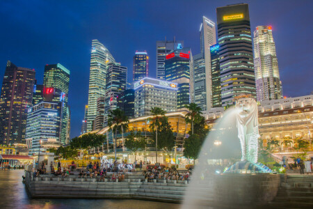 fontána, Domov, svetlá, Marina Bay, nočné, ľudia, Singapore, štádium