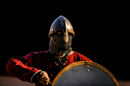 helmet, shield, sword, Viking, warrior