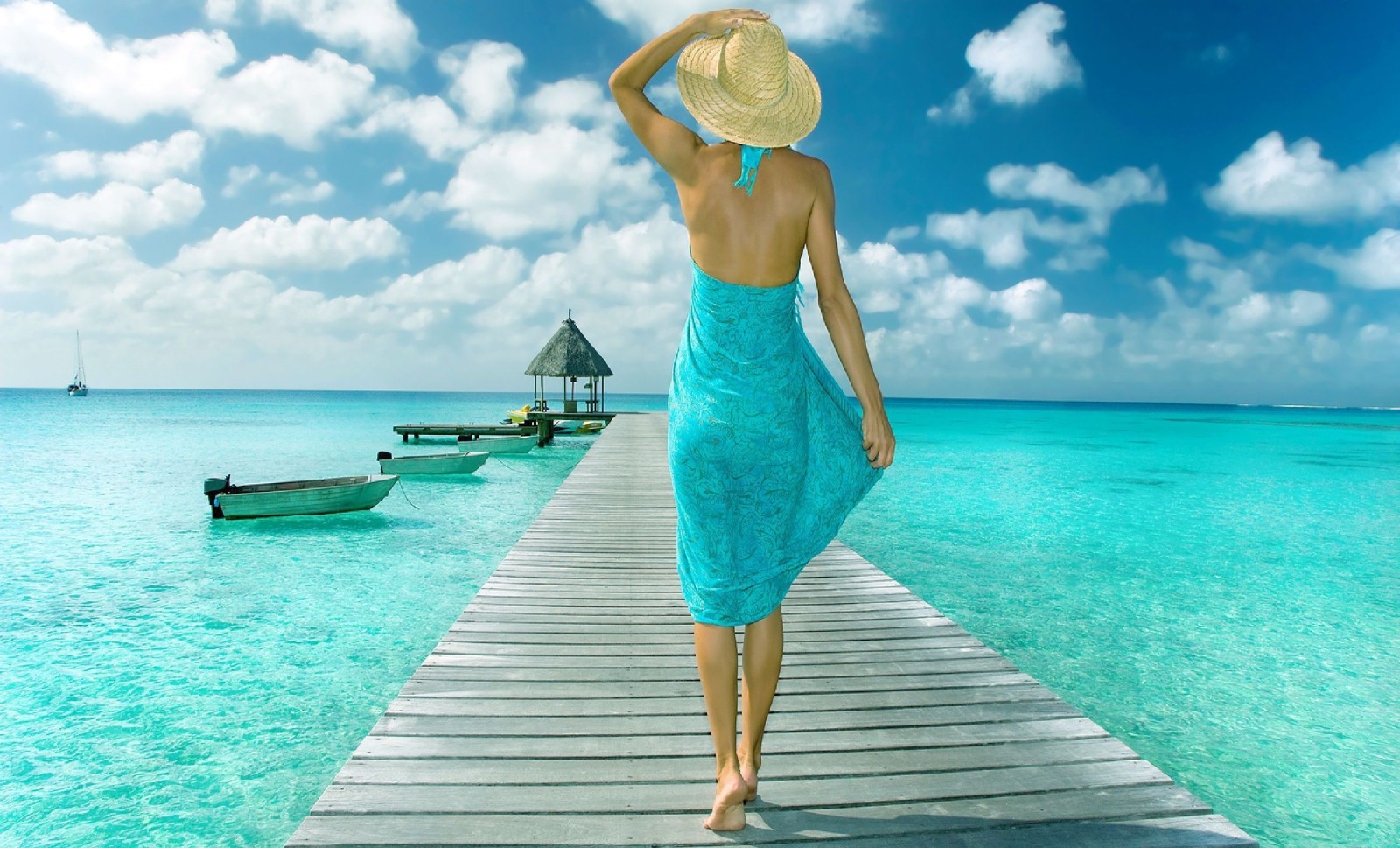 girl, The ocean, hat, pier