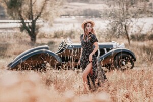 auto, robe, fille, chapeau, rétro