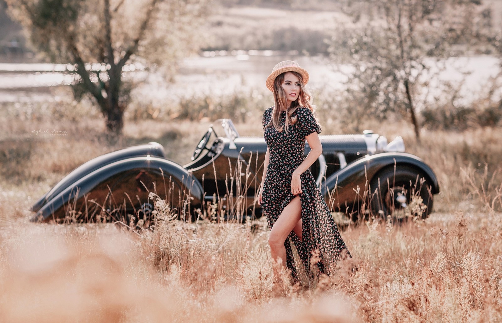 girl, auto, hat, dress, retro