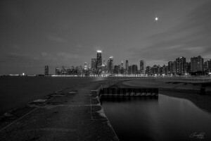 en blanco y negro, edificio, Chicago, luces, noche, rascacielos