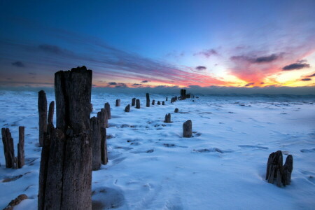 landskab, sne, solnedgang, vinter