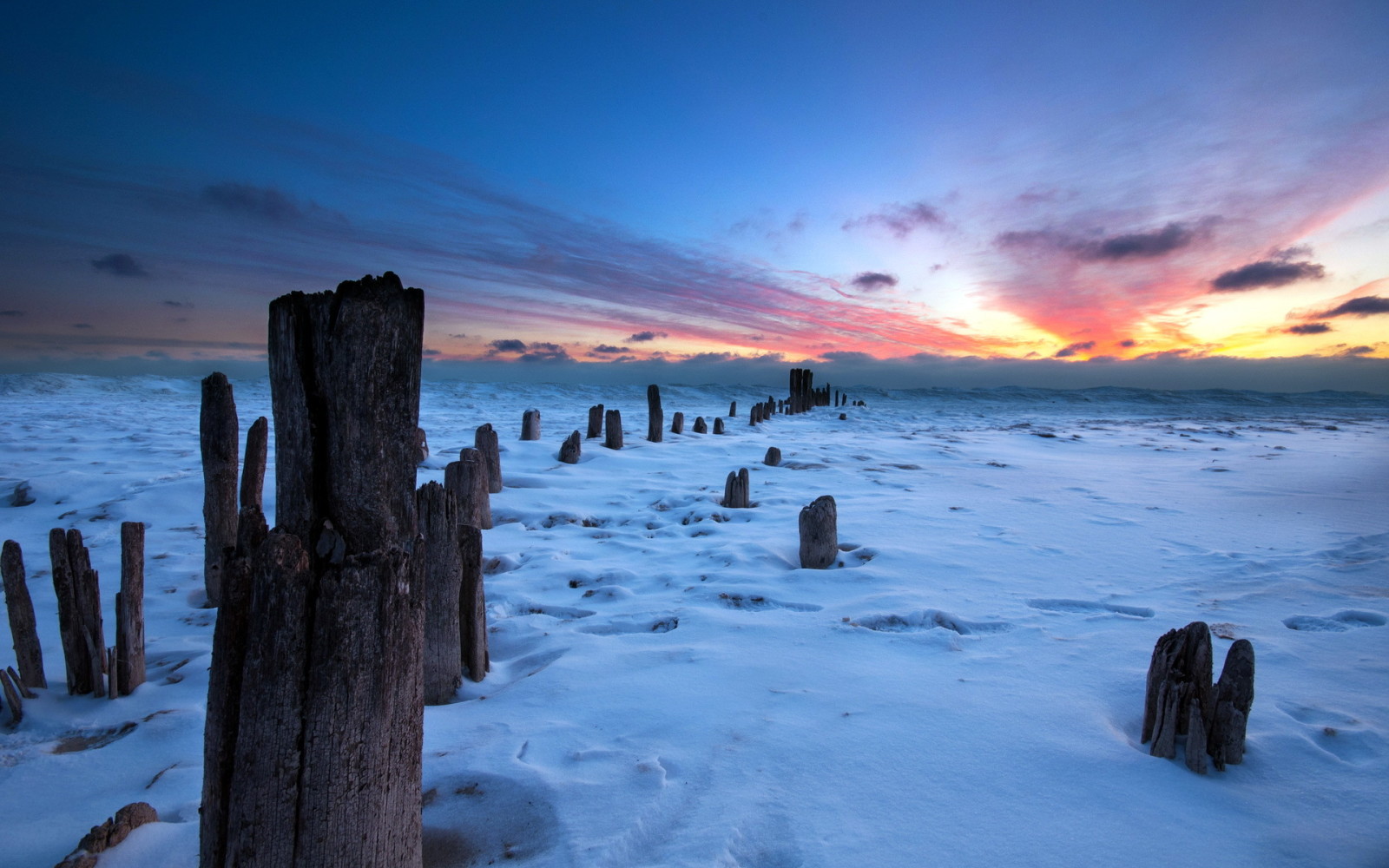 neve, tramonto, inverno, paesaggio