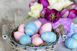 colorful, Easter, eggs, happy, Holidays, tulips