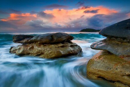 Wolken, Felsen, Meer, Steine, Sonnenuntergang, der Himmel