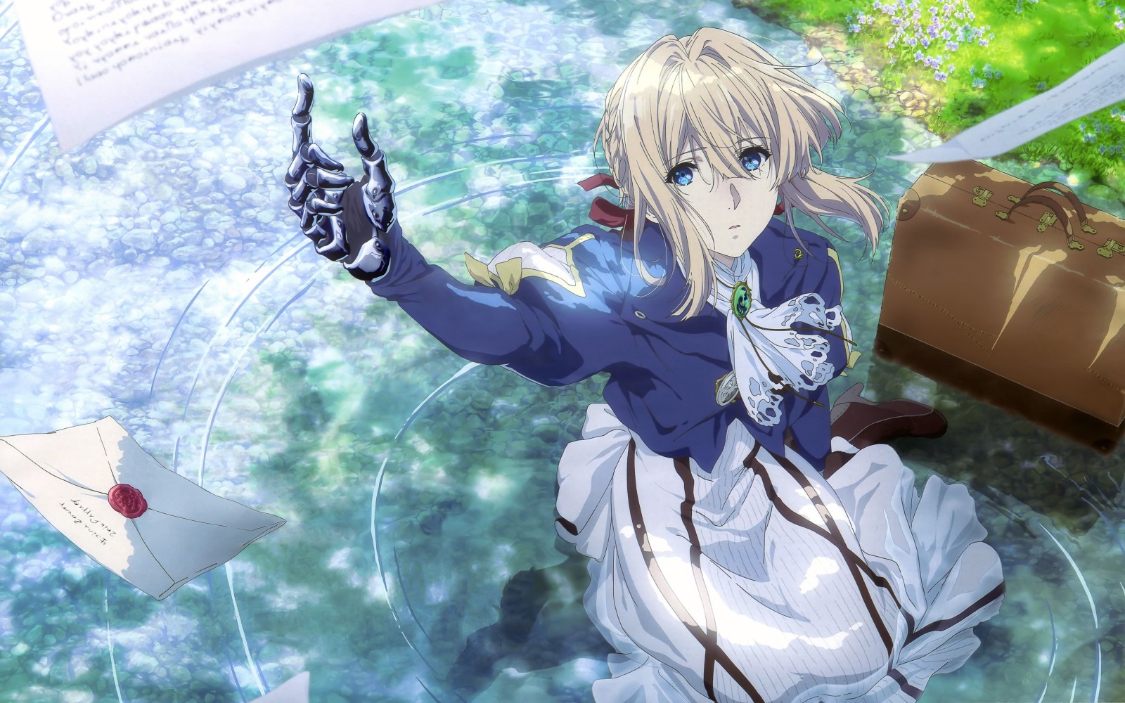 ojos azules, Arte, gesto, en el agua, letra, maleta, Violeta, Violet Evergarden