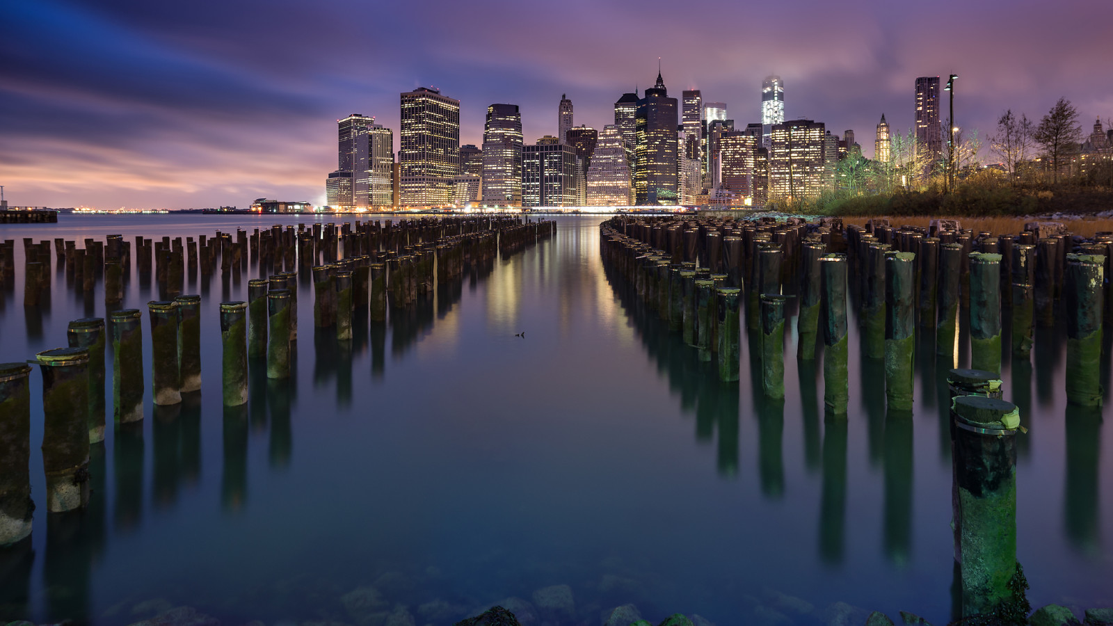 the city, the evening, river, skyscrapers, lights, USA, building, New York