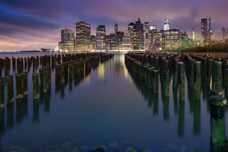 building, East River, lights, Lower Manhattan, New York, river, skyscrapers, the city